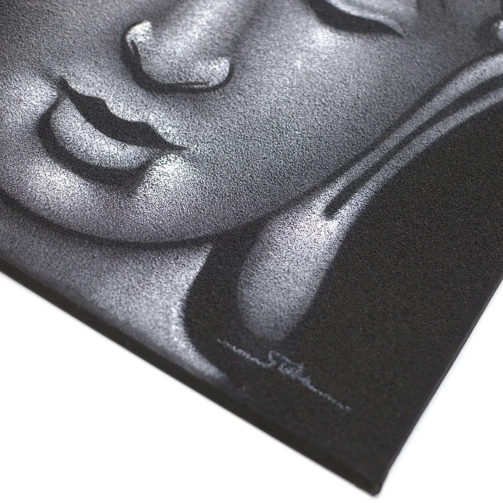 Close-up of a Buddha Painting - Grey Sand Finish showing detailed textured surface with calm facial expression and serene features in monochrome tones.