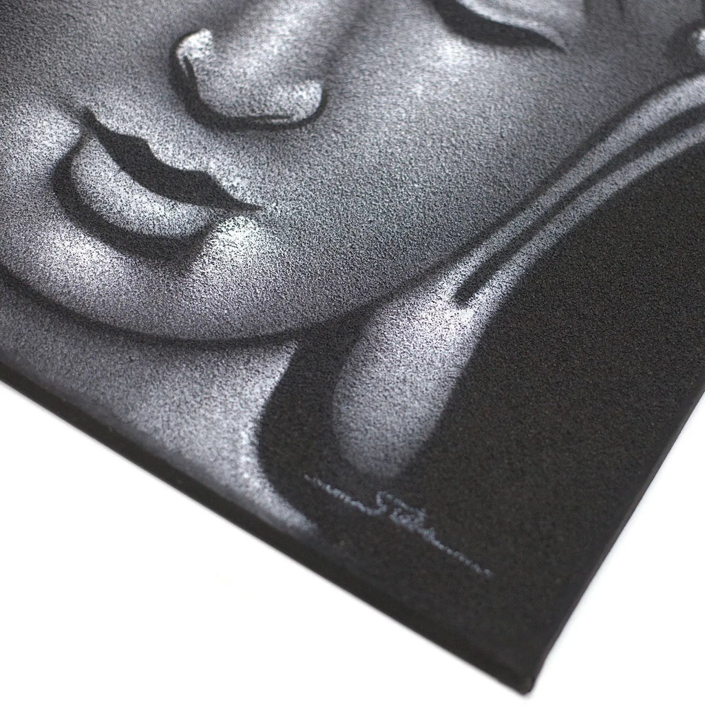 Close-up of a Buddha Painting - Grey Sand Finish showing textured, serene face details in shades of grey, highlighting the calming expression and artistic craftsmanship.