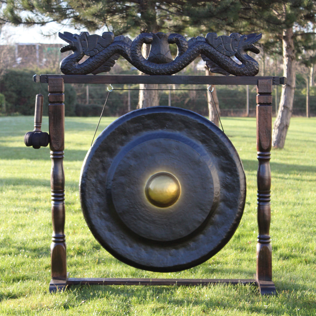Large Healing Gong in Antique Dragon Stand - 80cm - Black