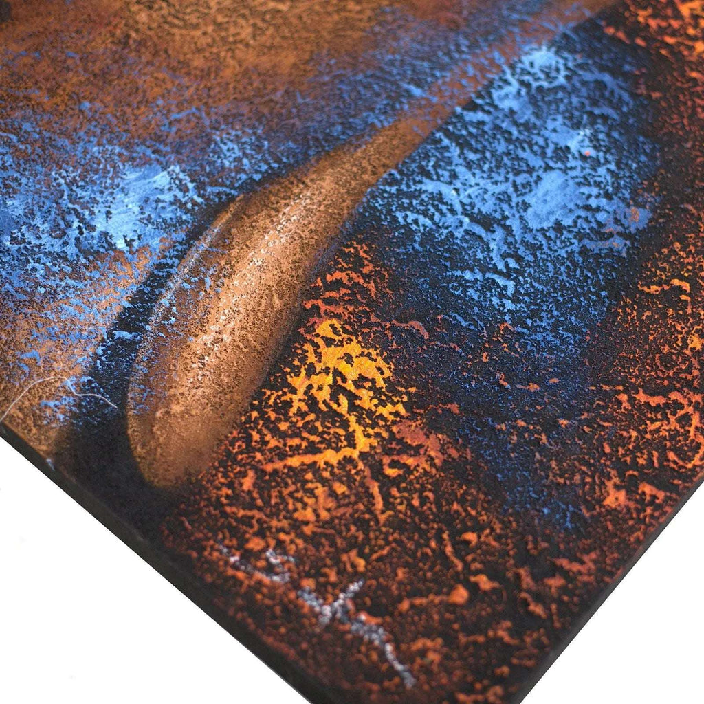 Close-up detail of Buddha Painting - Copper Face showing textured copper tones with contrasting blue and orange highlights on a Buddha face artwork.