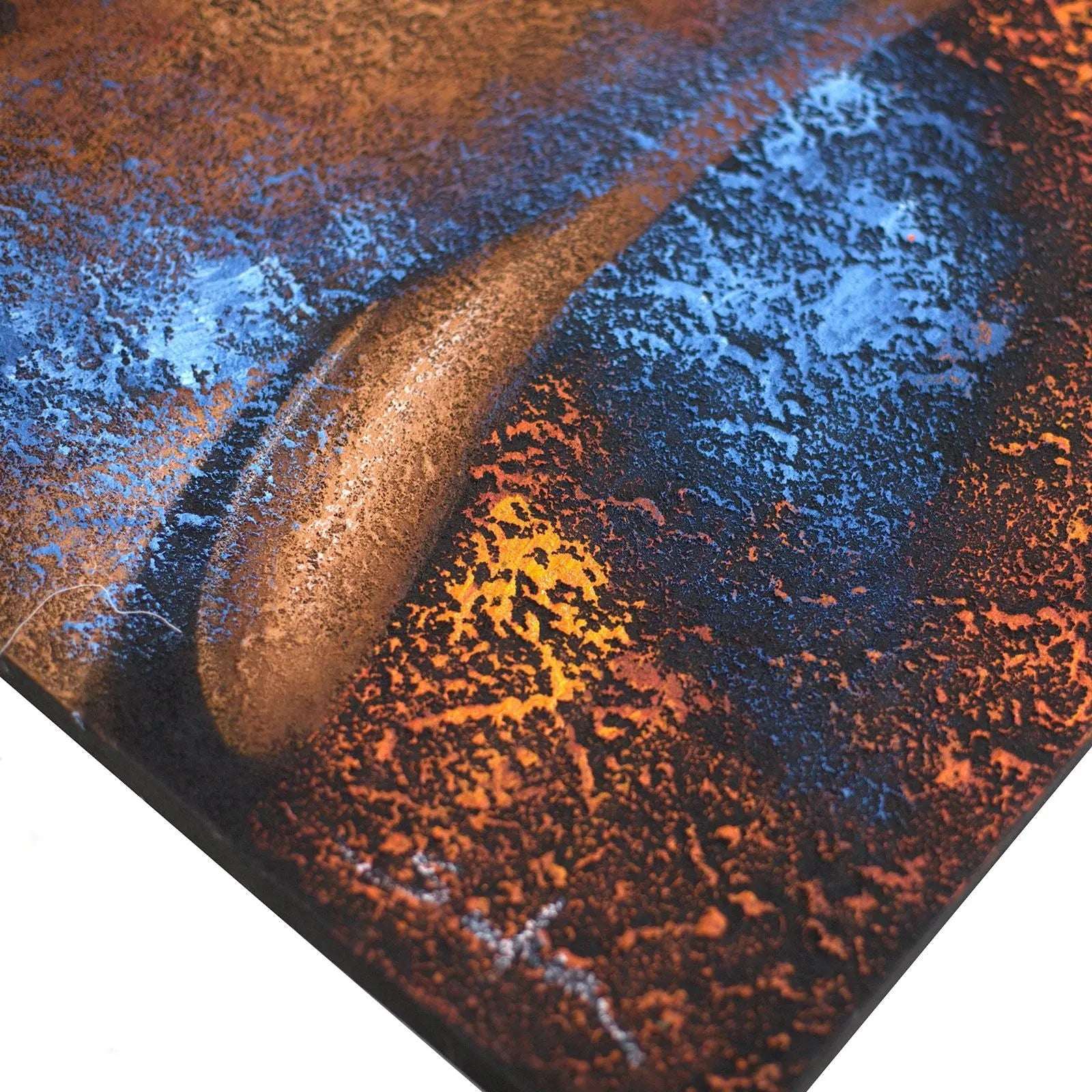 Close-up detail of Buddha Painting - Copper Face showing textured copper tones with contrasting blue and orange highlights on a Buddha face artwork.