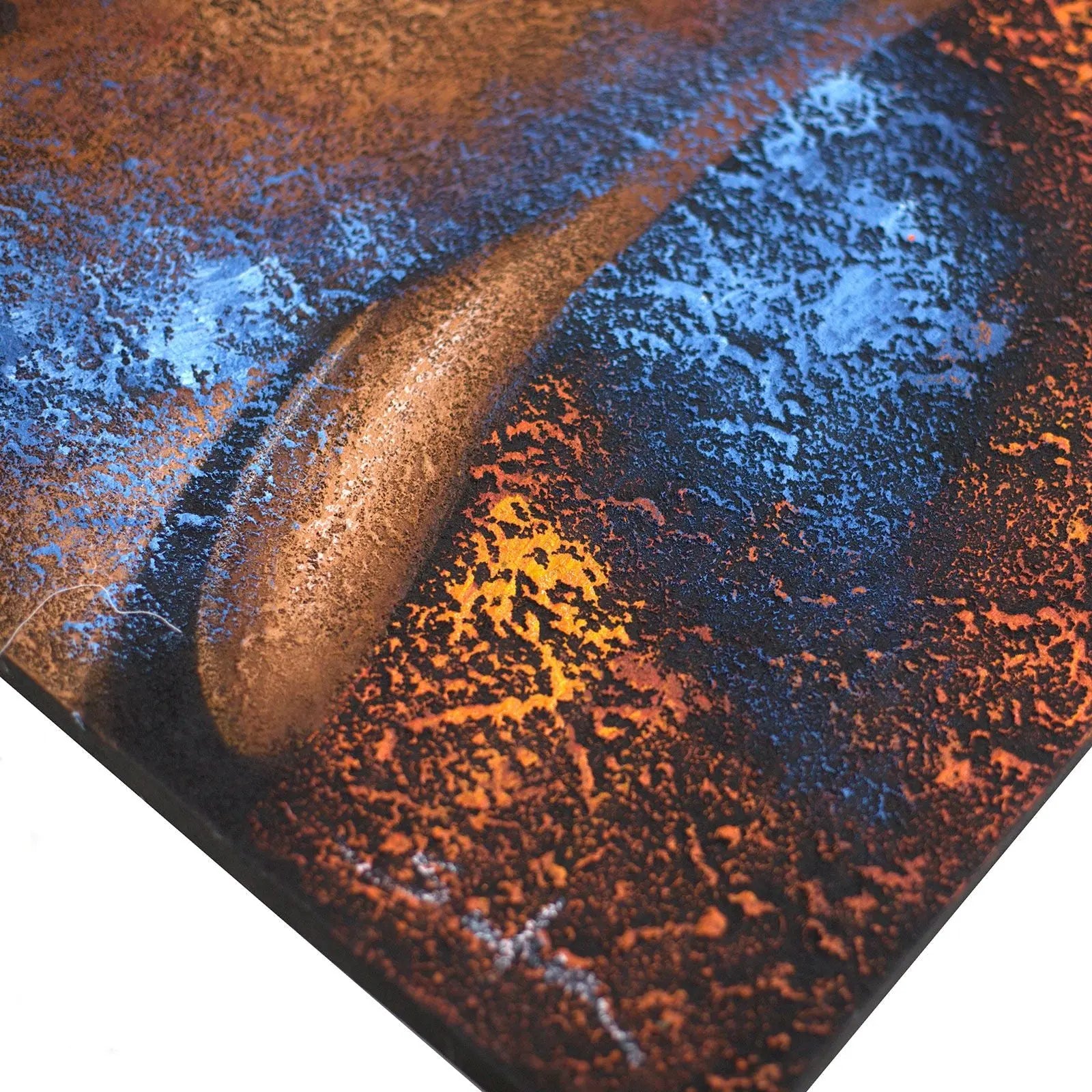 Close-up detail of textured Buddha Painting - Copper Face artwork showcasing metallic copper hues contrasted with deep blues and intricate surface patterns.