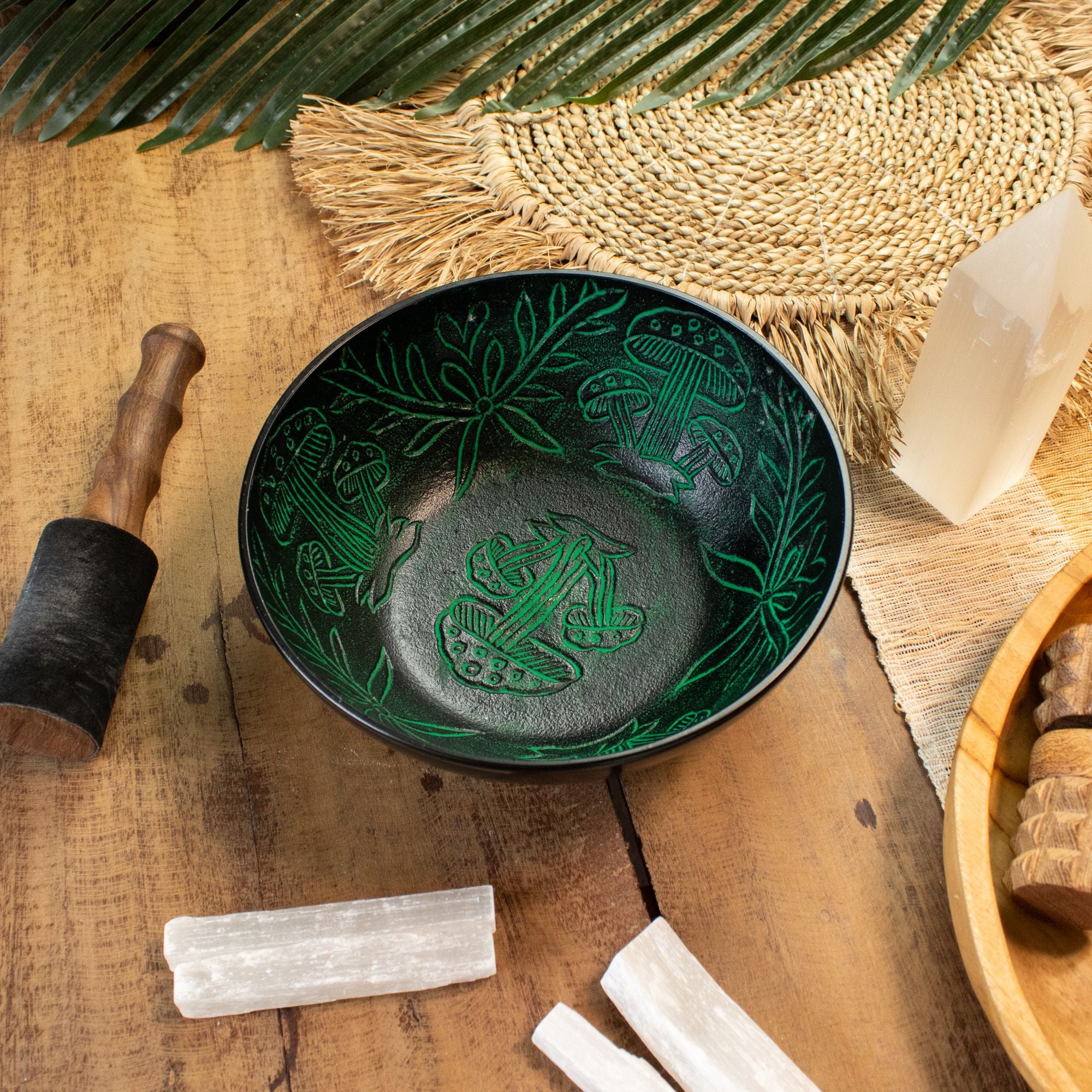 Aluminium Singing Bowl - Magic Mushroom Design - Green 20cm