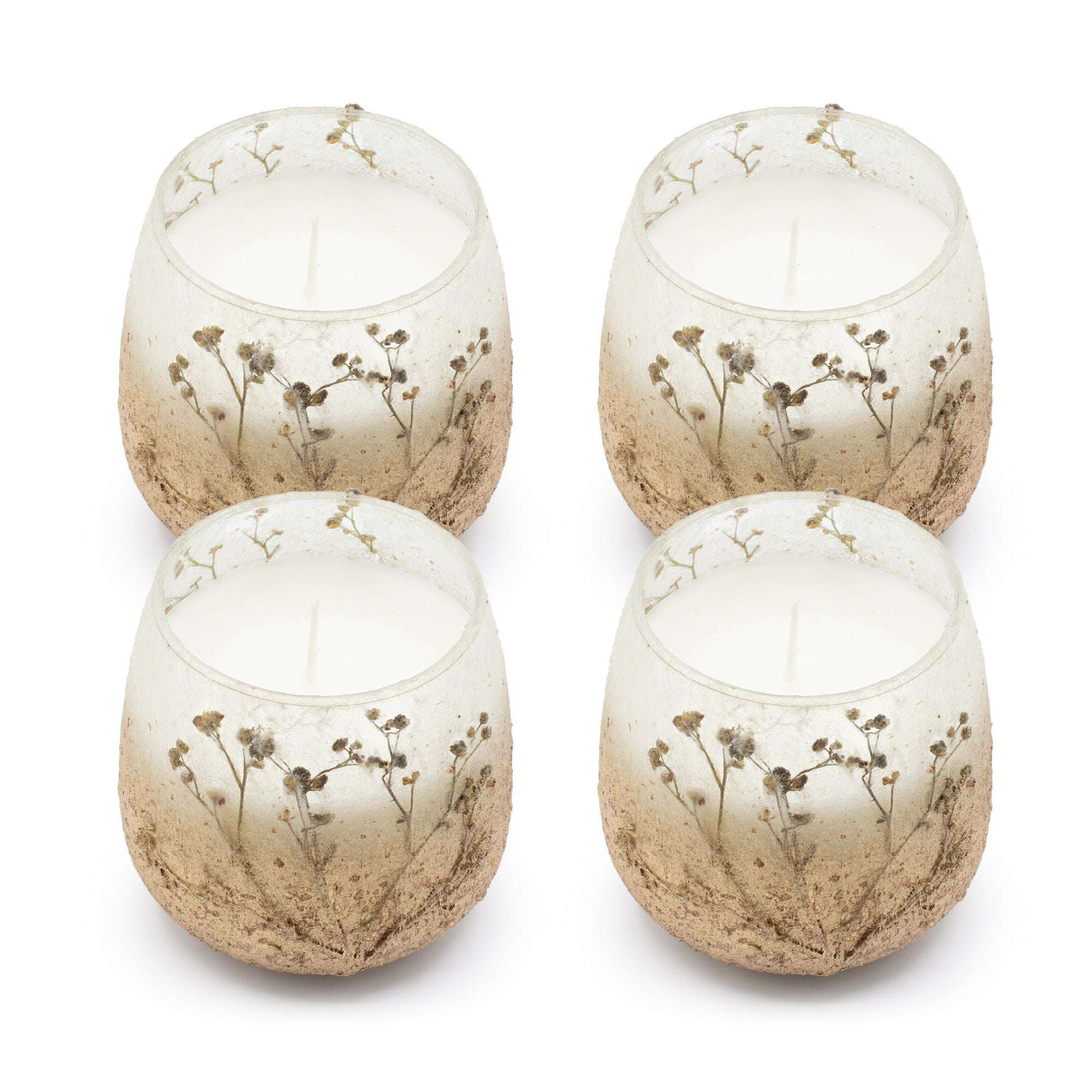 Set of four Medium Glass Jar Candles - Wildlight Woods featuring frosted glass with delicate botanical patterns and natural earthy tones.