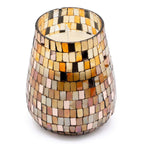 Tall Glass Jar Candles - Amber Mosaic featuring a decorative glass jar with amber, gold, and neutral mosaic tiles surrounding a white candle inside.