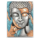 Buddha Painting - Silver & Rose Gold Flower 75x55cm featuring a serene Buddha face in silver with textured rose gold and teal floral accents, creating a calming wall hanging.