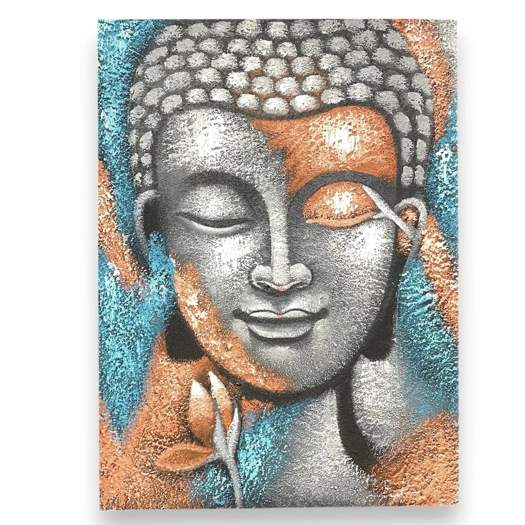 Buddha Painting - Silver & Rose Gold Flower 75x55cm featuring a serene Buddha face with textured silver and rose gold accents surrounded by blue and floral elements.