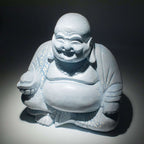 Hand carved Laughing Buddha Lamp Sky Blue - Round Stand with a joyful expression, featuring a textured resin finish and soft glowing light perfect for Buddha decor.