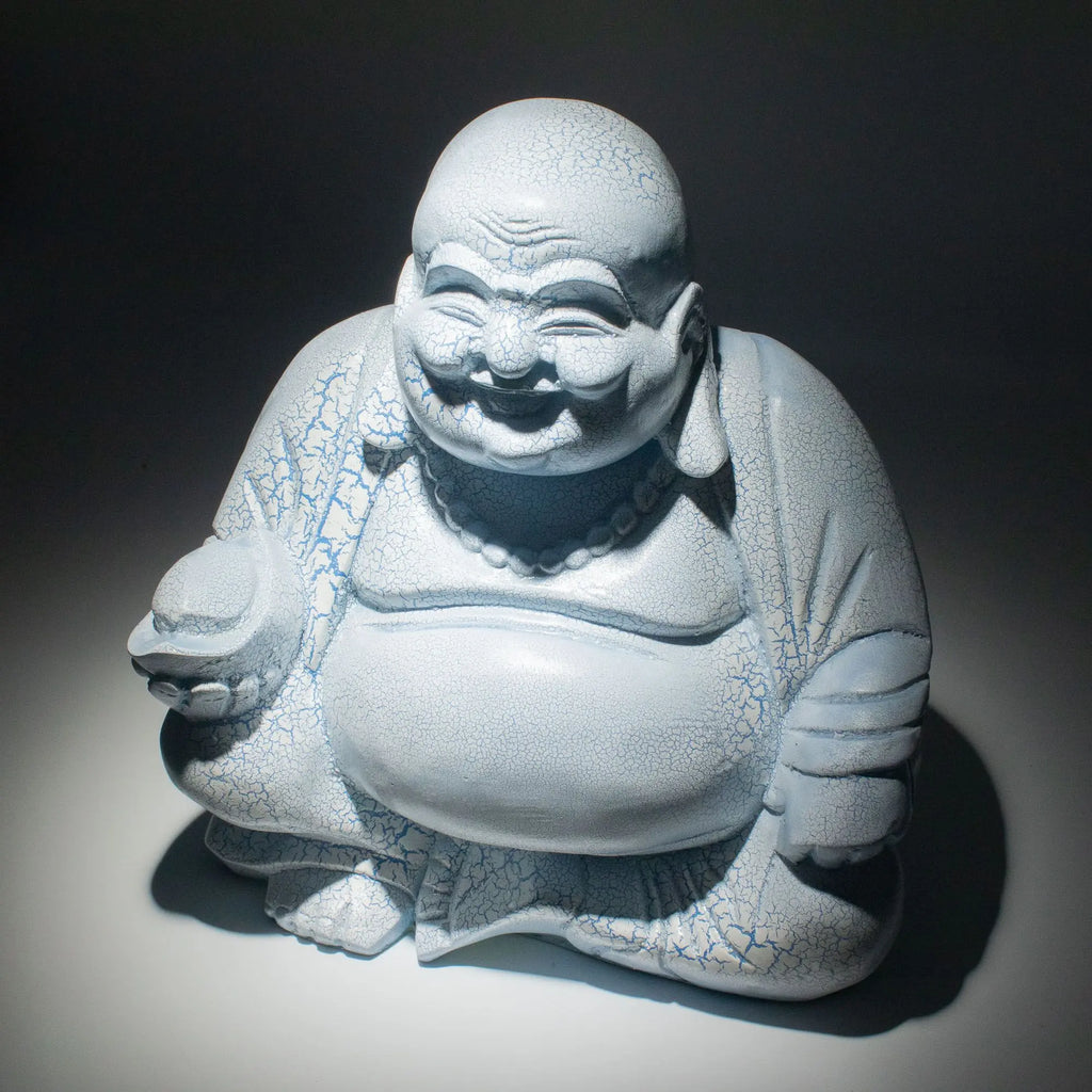 Laughing Buddha Lamp Sky Blue - Round Stand featuring a joyful Buddha figure with a crackled sky blue finish sitting on a round base, designed as a decorative Buddha glow lamp.