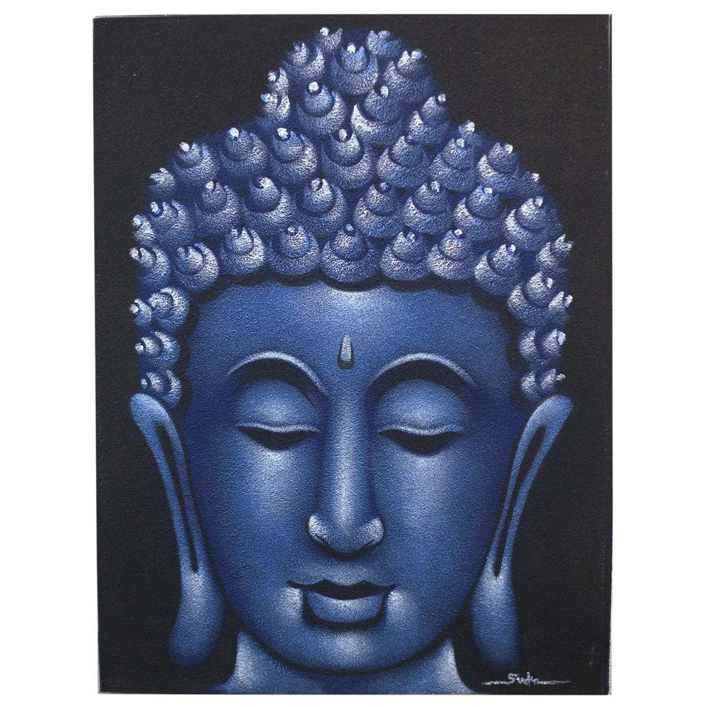 Buddha Painting - Blue Sand Finish featuring a serene blue Buddha face with textured hair details, perfect for calming Buddha wall hangings or meditation decor.
