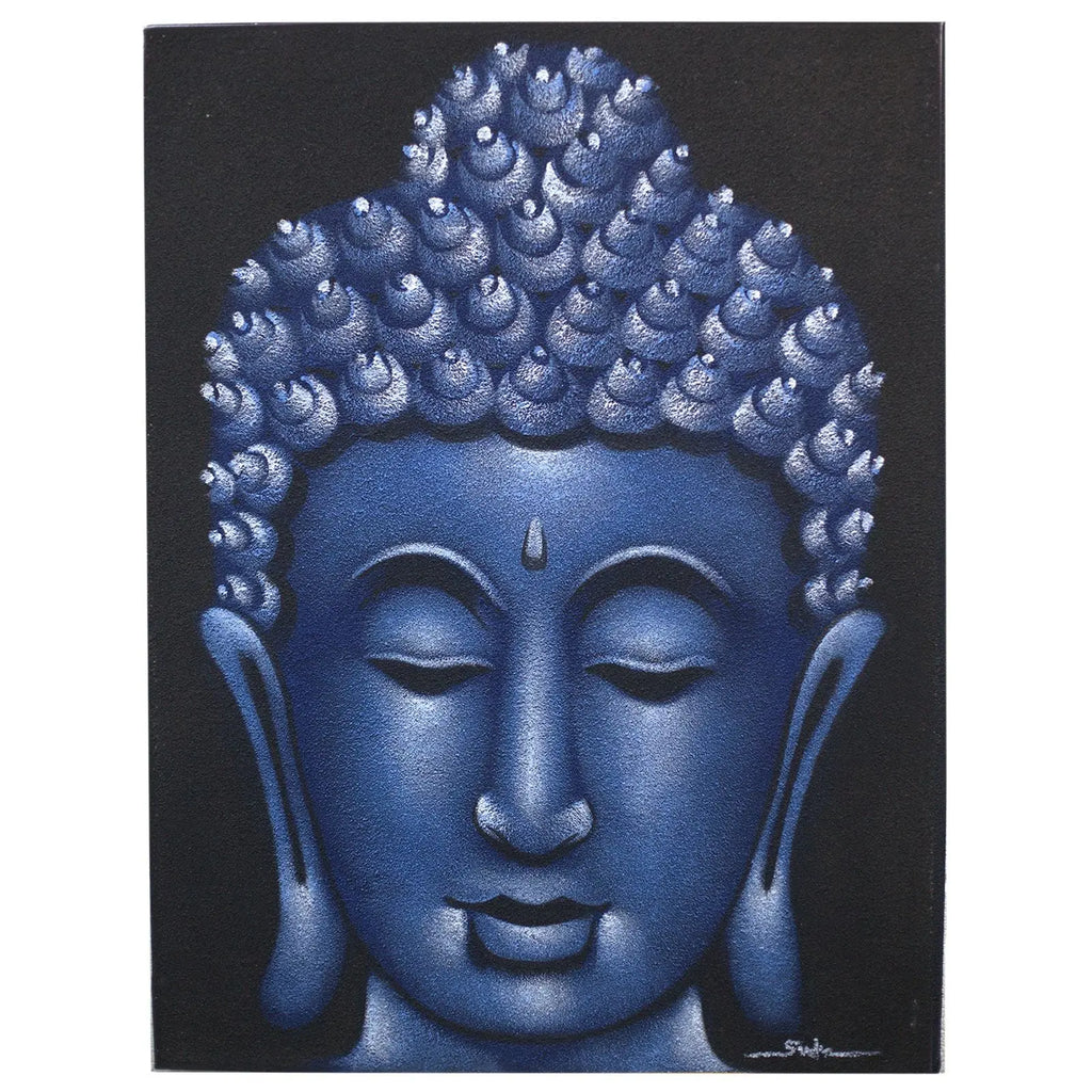 Close-up of a serene Buddha face in shades of deep blue with textured curls, rendered in a calming artistic style on the Buddha Painting - Blue Sand Finish.