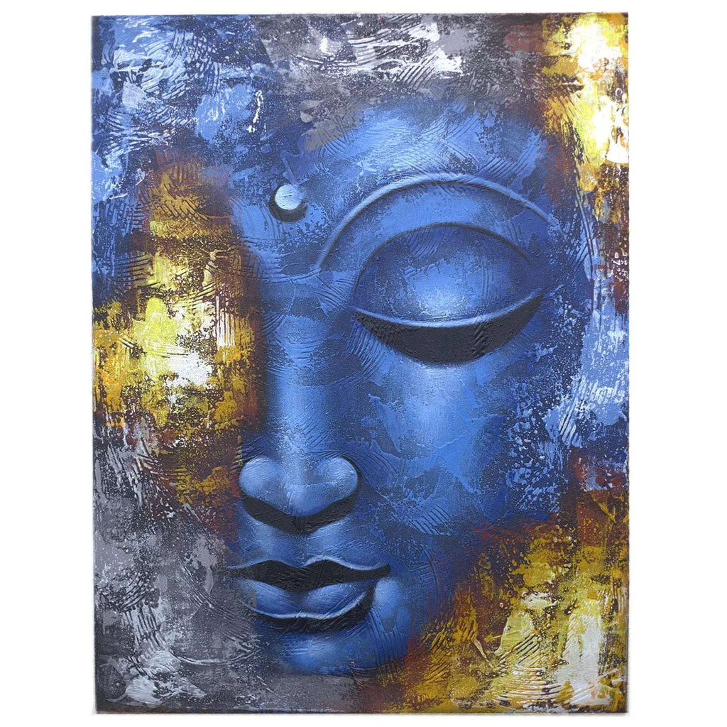 Buddha Painting - Blue Face Abstract featuring a serene blue Buddha face with textured brushstrokes and golden highlights, perfect for Buddha decor and wall hangings.