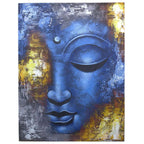 Buddha Painting - Blue Face Abstract featuring a serene blue Buddha face with textured brushstrokes and golden highlights, perfect for Buddha decor and wall hangings.