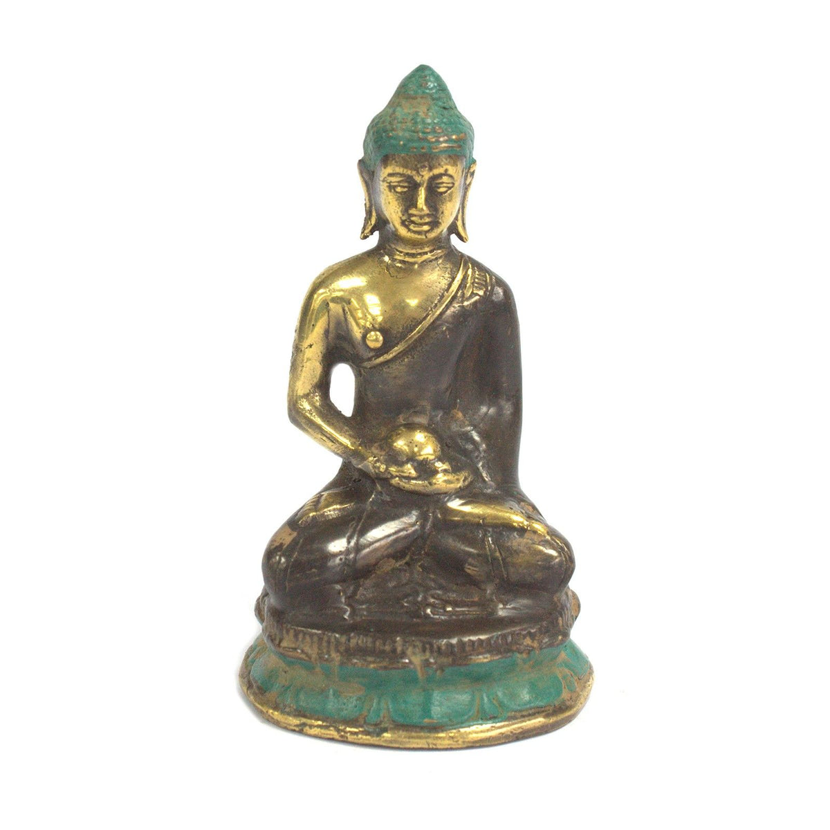 Med Meditation Sitting Buddha statue in a seated pose with gold and teal accents, crafted as a serene and decorative resin Buddha decor piece.