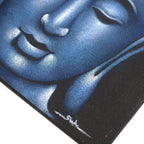 Close-up of a serene face in a Buddha Painting - Blue Sand Finish with textured blue tones and smooth shading, highlighting calm expression and peaceful features.