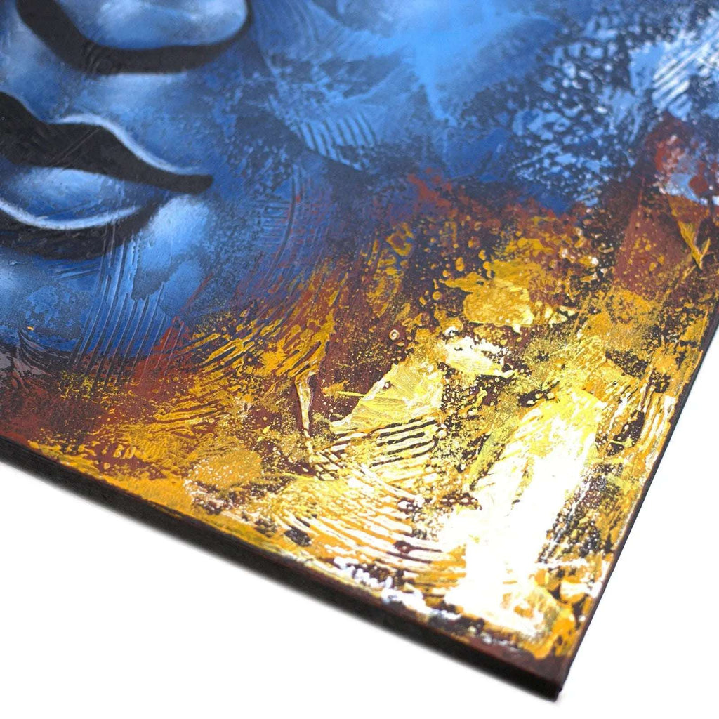 Close-up of Buddha Painting - Blue Face Abstract showing textured blue facial features and rich golden yellow and brown abstract background on canvas.