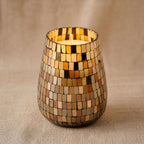 Tall Glass Jar Candles - Amber Mosaic with a warm amber and gold mosaic glass design, showcasing a single white candle wick inside a reflective, textured jar.