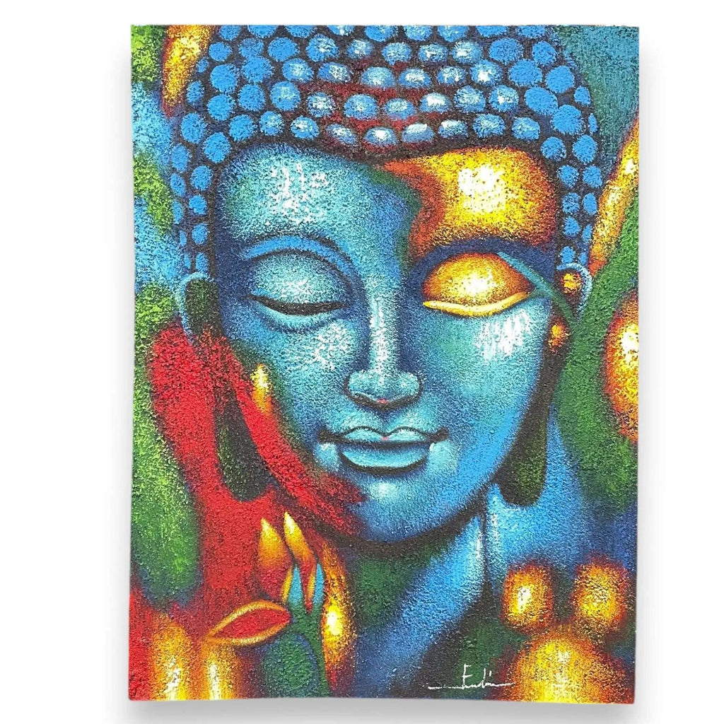 Buddha Painting - Blue & Gold Flower 75x55cm featuring a vibrant, colorful depiction of Buddha’s face in blue and gold tones with floral accents, ideal for Buddha decor.