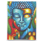Buddha Painting - Blue & Gold Flower 75x55cm featuring a vibrant, colorful depiction of Buddha’s face in blue and gold tones with floral accents, ideal for Buddha decor.