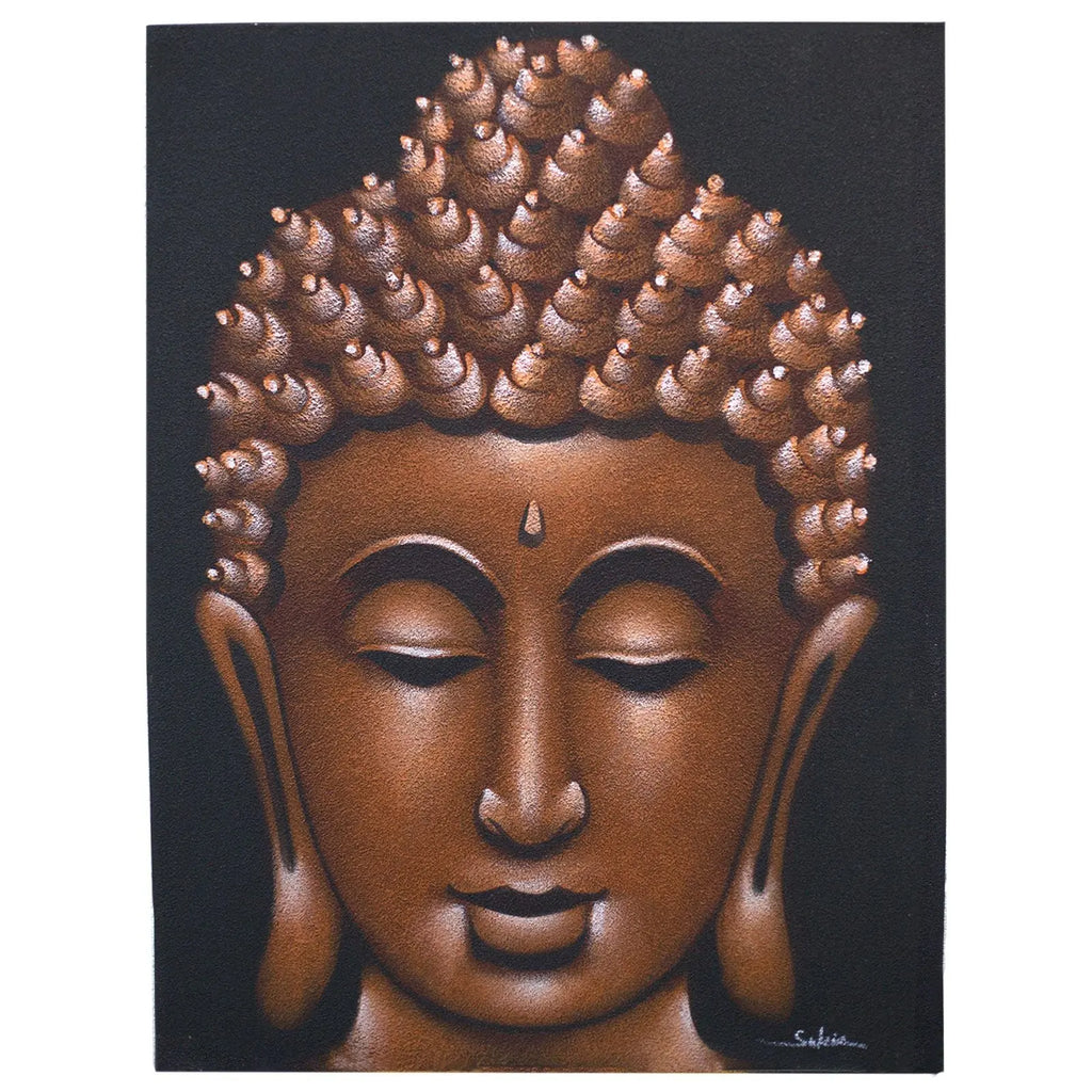 Buddha Painting - Copper Sand Finish depicting a serene Buddha face with closed eyes, textured copper tones, and a peaceful expression on a dark background.