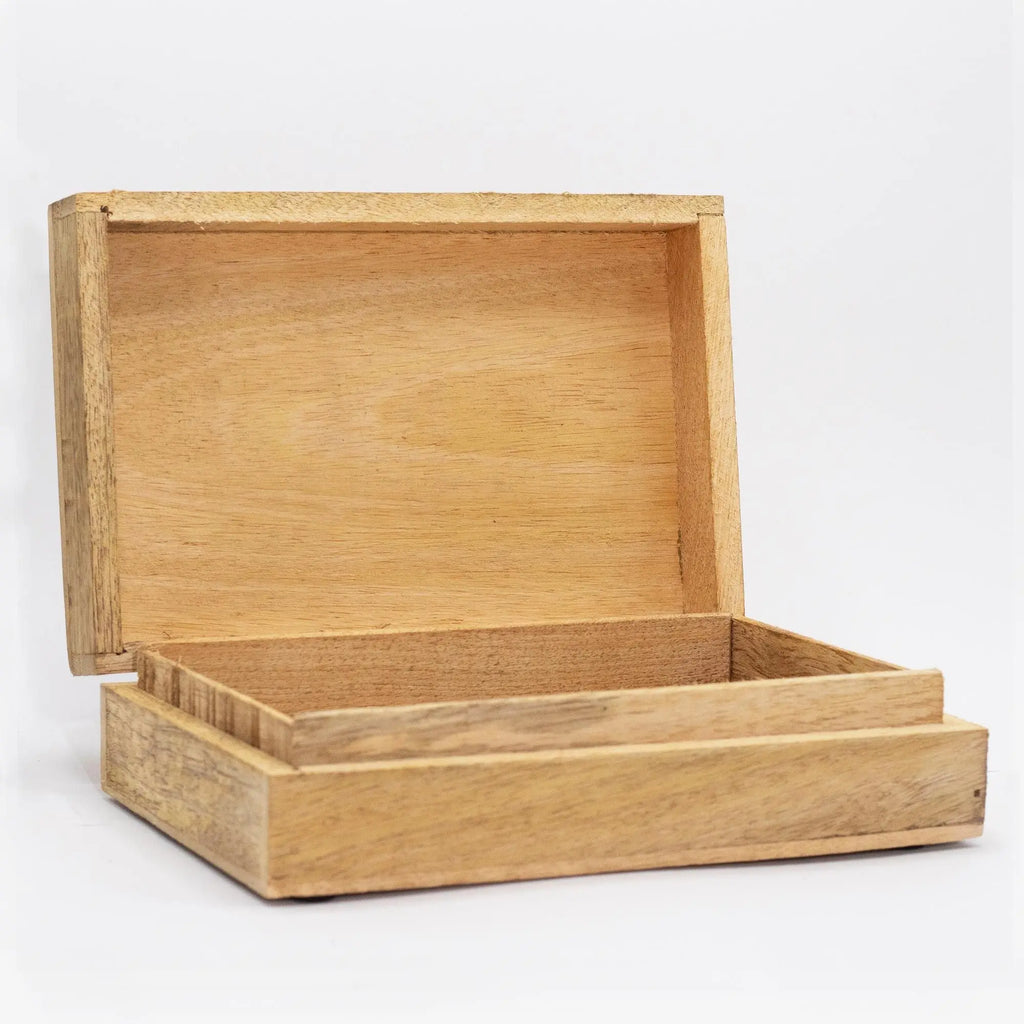 Big Rectangle Box 21.5x14x6.3cm - Buddha Face Black Engraved shown open, displaying natural wood interior and exterior with a smooth finish.