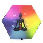 Tree of Life Singing Bowl Set- Green 10.7cm with colorful chakra chart displaying meditation figure highlighting crown, third eye, throat, heart, solar plexus, sacral, and root chakras on hexagonal mat