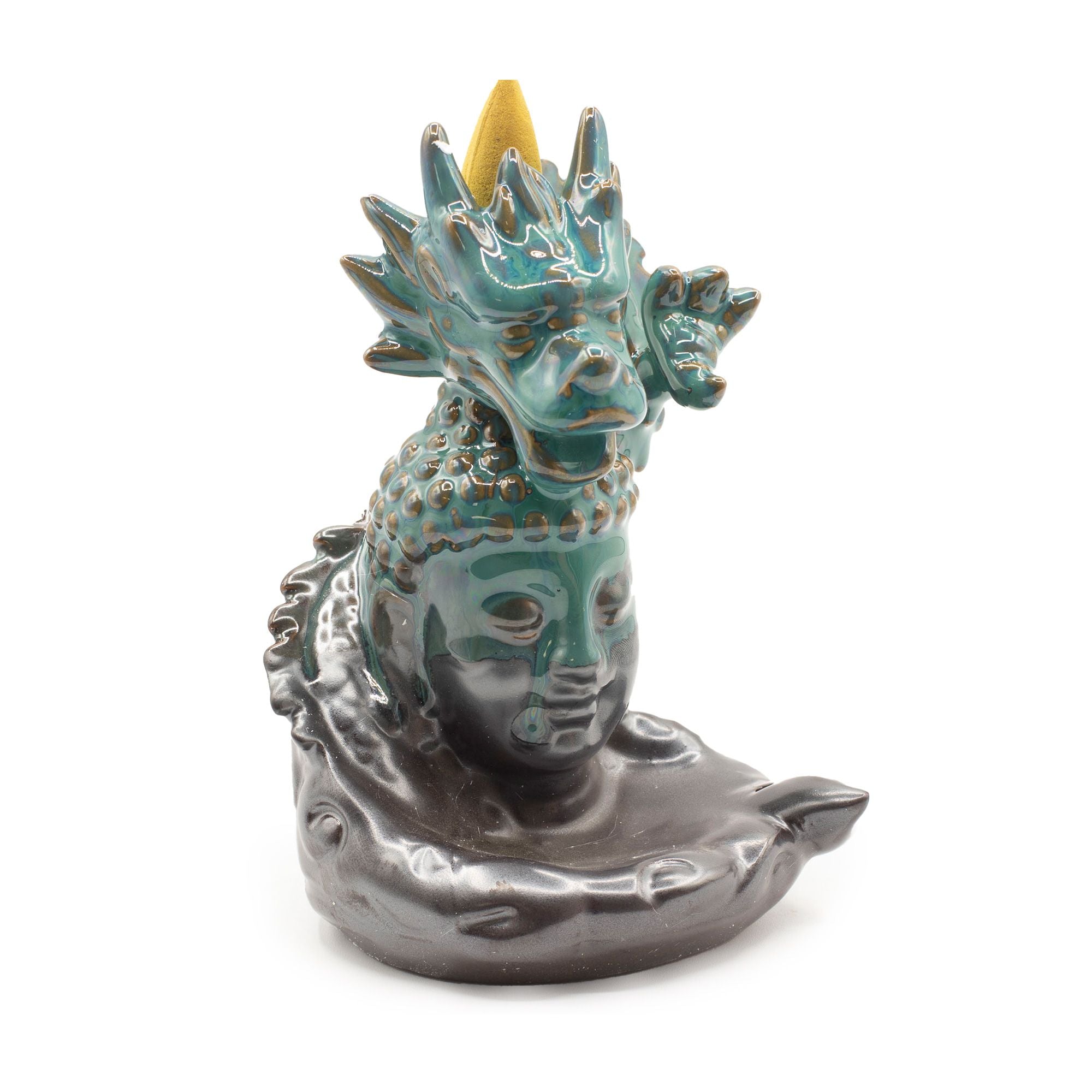 Backflow Incense Burner - Dragon Over Buddha - Glazed Ceramic 409g