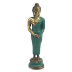 Med Standing Buddha statue with a hand-carved brass finish and green robe detail, standing on a decorative lotus base, perfect for spiritual home decor.
