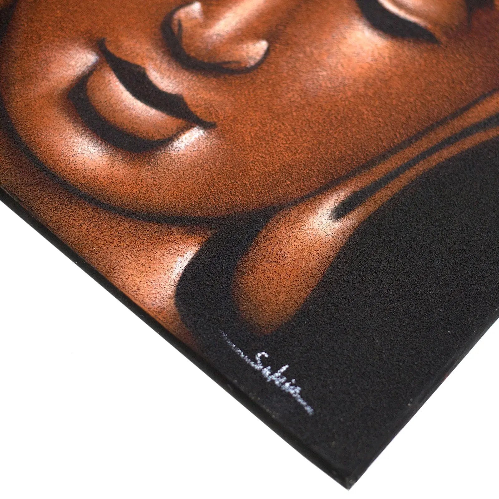 Close-up of a serene Buddha face with a textured copper sand finish, showcasing detailed shading and smooth contours in the Buddha Painting - Copper Sand Finish.
