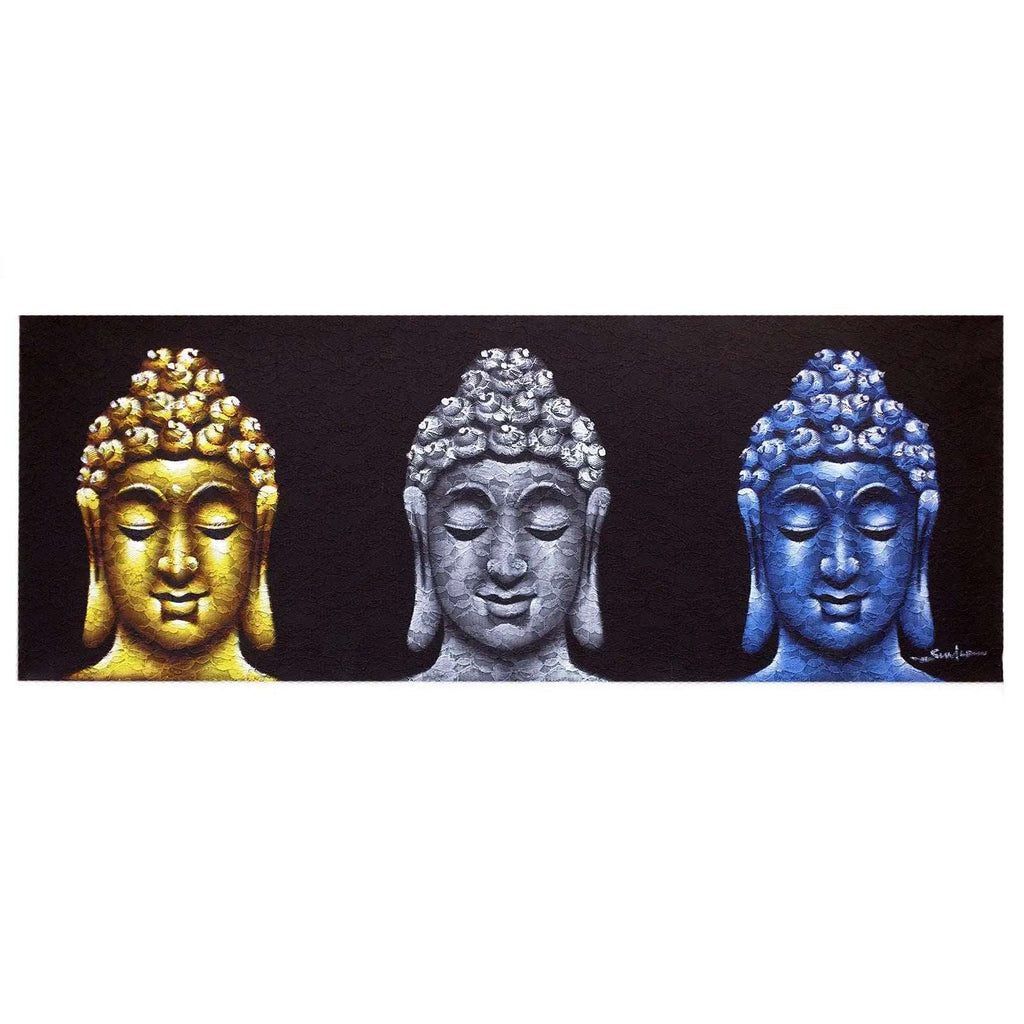 Buddha Painting - Three Heads Black showing three serene Buddha heads in gold, silver, and blue tones against a black background, ideal as Buddha wall hanging decor.
