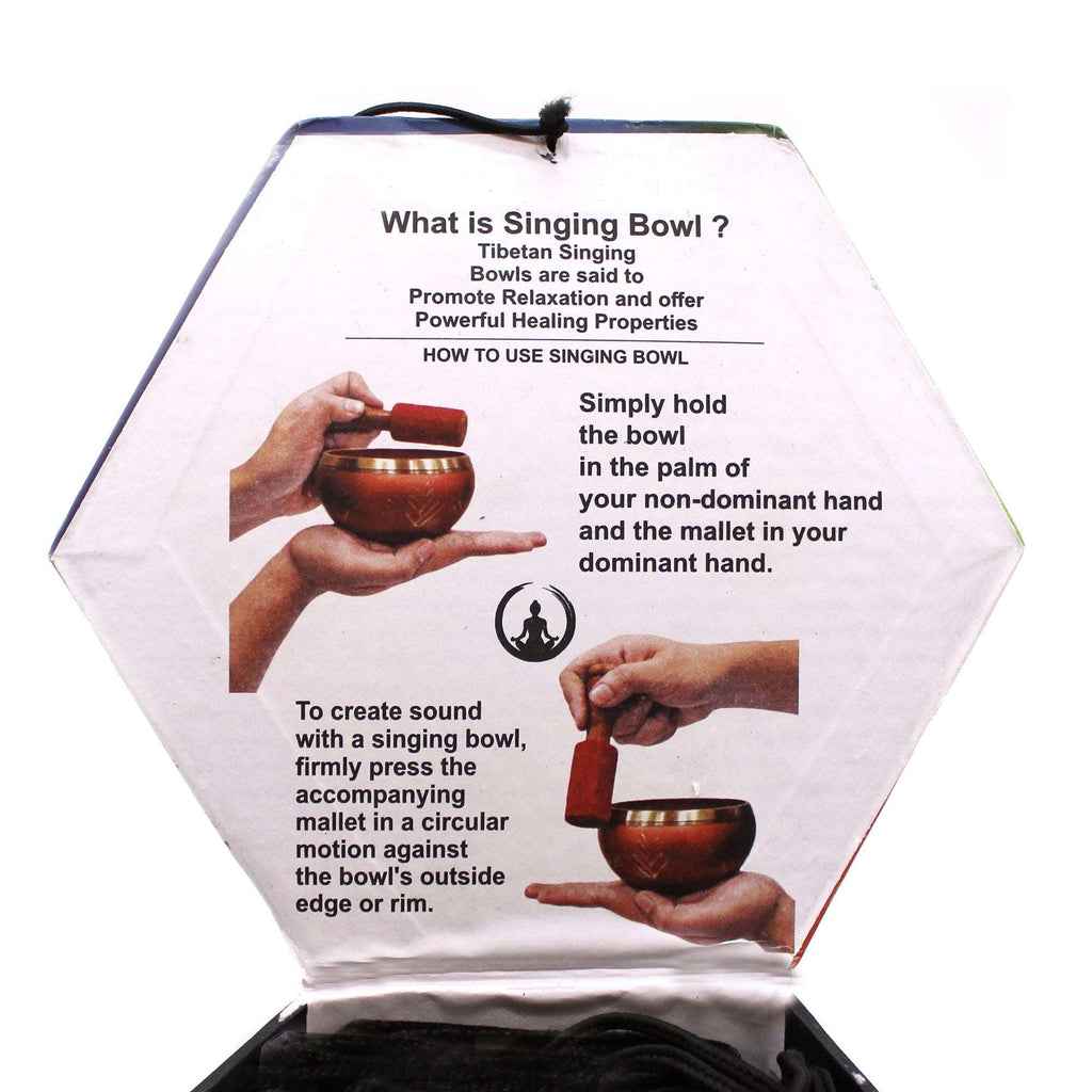 Instruction card showing how to use the Tree of Life Singing Bowl Set- Green 10.7cm with images demonstrating holding the bowl and mallet to create sound.