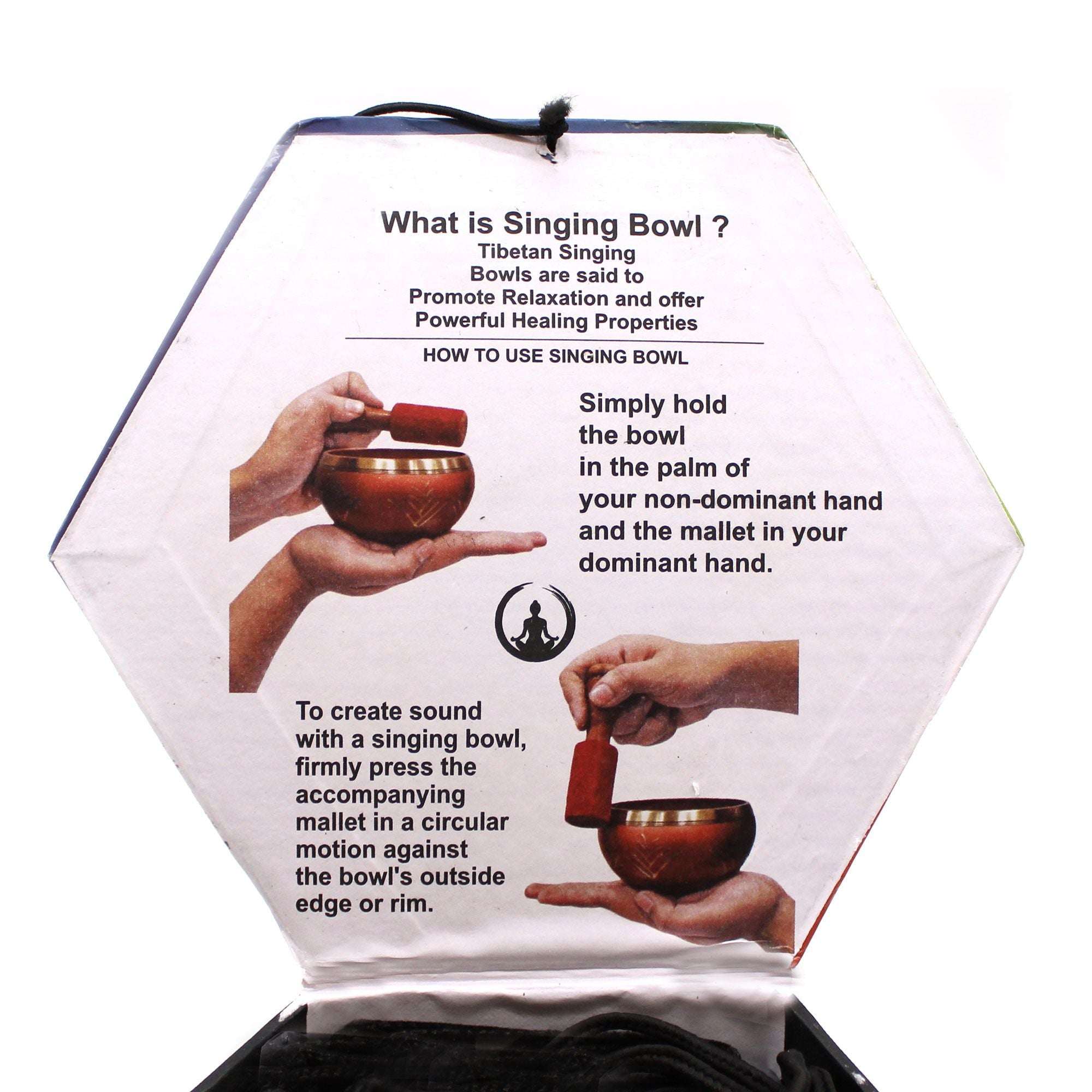 Instruction card showing how to use the Tree of Life Singing Bowl Set- Green 10.7cm with images demonstrating holding the bowl and mallet to create sound.