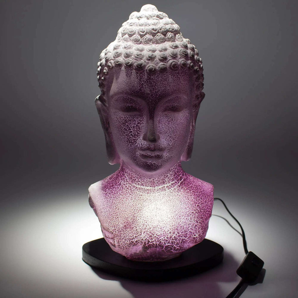 Buddha Bust Lamp Lavender Crackle - Oval Stand with a glowing lavender crackle finish on a black oval base, featuring a serene Buddha bust design illuminated softly from within.