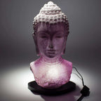 Buddha Bust Lamp Lavender Crackle - Oval Stand with a glowing lavender crackle finish on a black oval base, featuring a serene Buddha bust design illuminated softly from within.