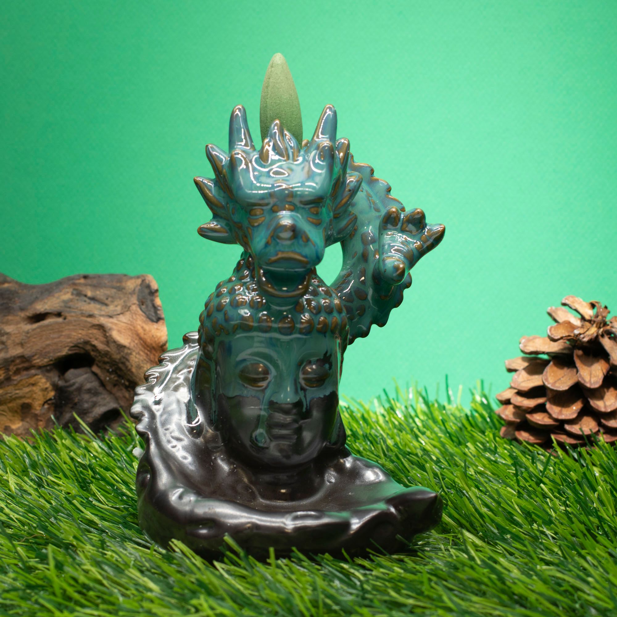Backflow Incense Burner - Dragon Over Buddha - Glazed Ceramic 409g