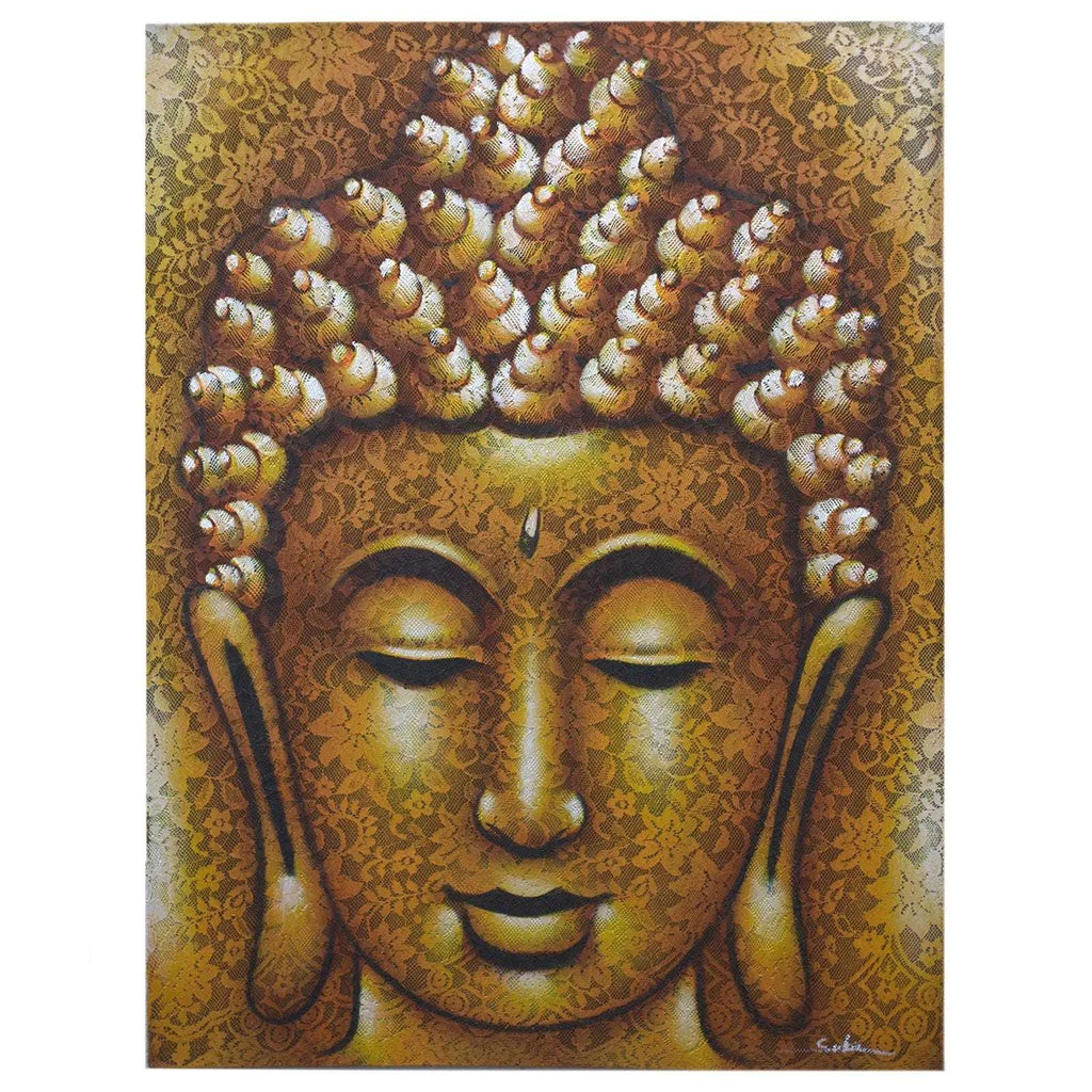 Buddha Painting - Gold Brocade Detail depicting a serene Buddha face with closed eyes and intricate golden brocade patterns enhancing the peaceful expression.