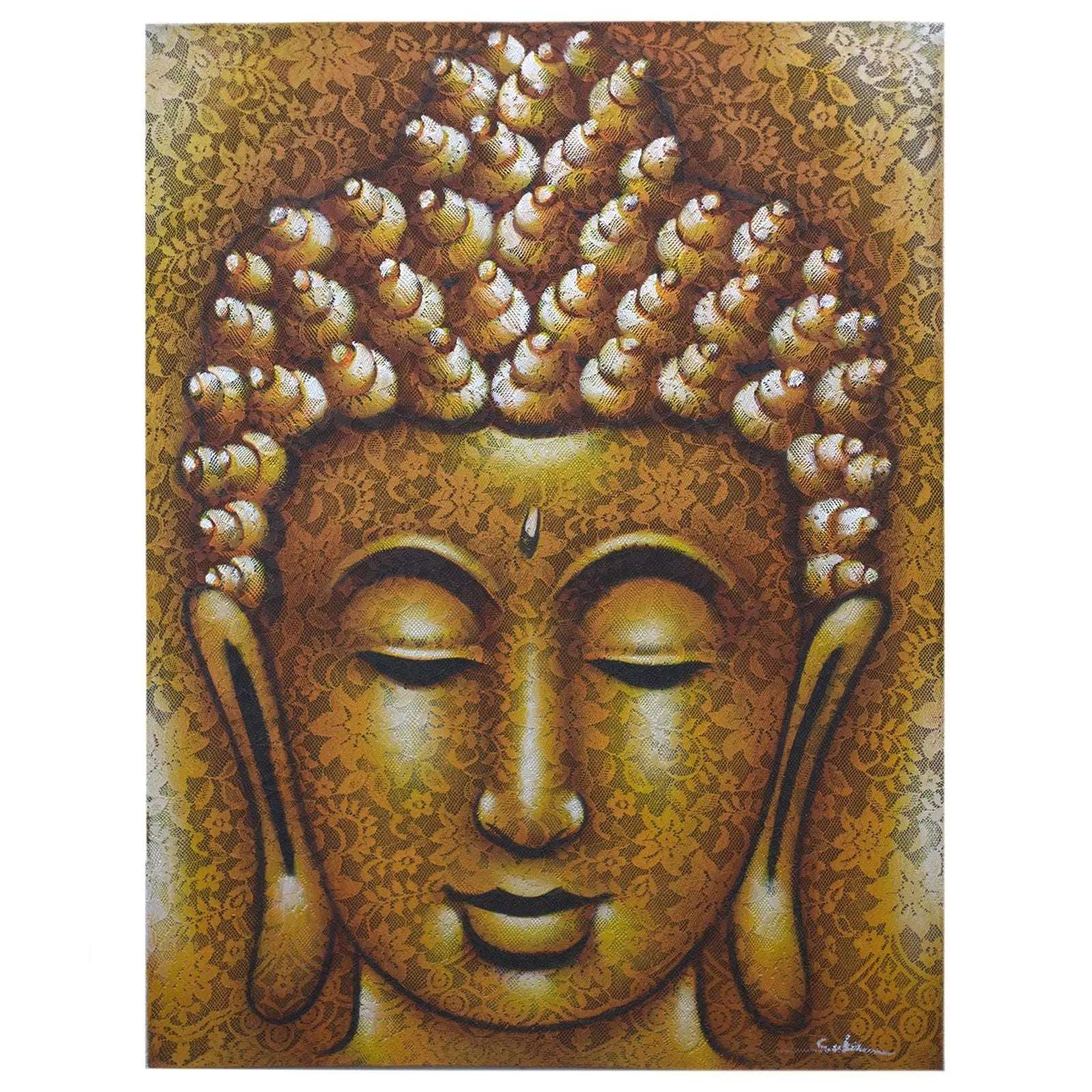 Buddha Painting - Gold Brocade Detail depicting a serene Buddha face with closed eyes and intricate golden brocade patterns enhancing the peaceful expression.