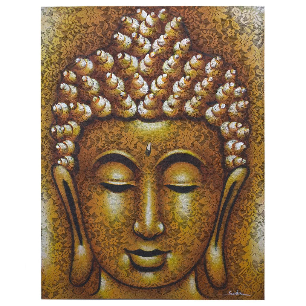 Buddha Painting - Gold Brocade Detail featuring a serene Buddha face with closed eyes, ornate gold brocade patterns creating a rich textile-like background and texture.