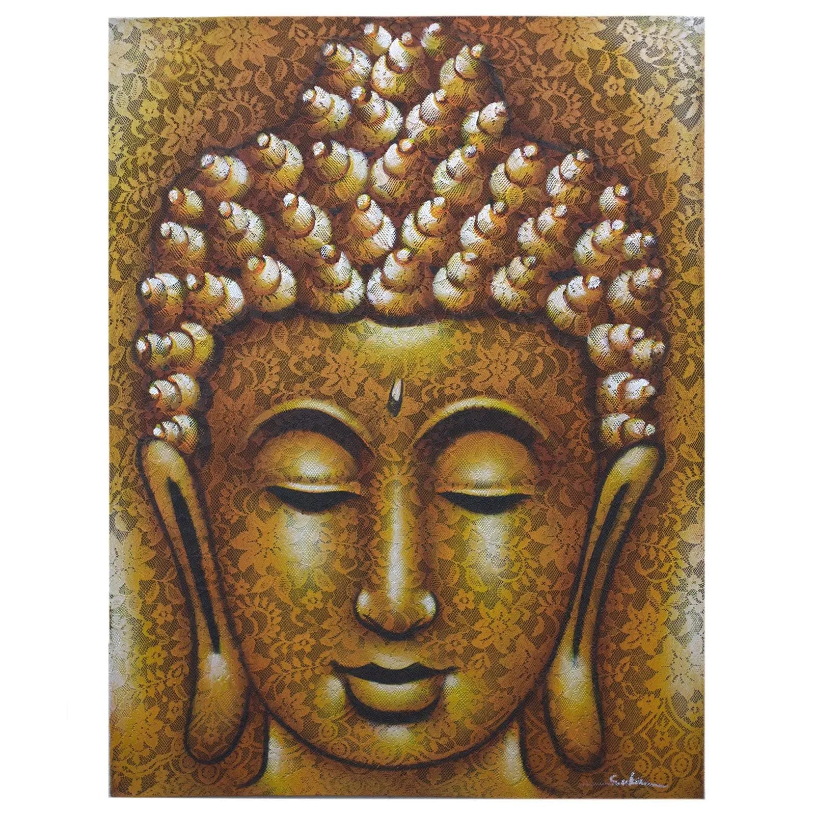 Buddha Painting - Gold Brocade Detail featuring a serene Buddha face with closed eyes, ornate gold brocade patterns creating a rich textile-like background and texture.