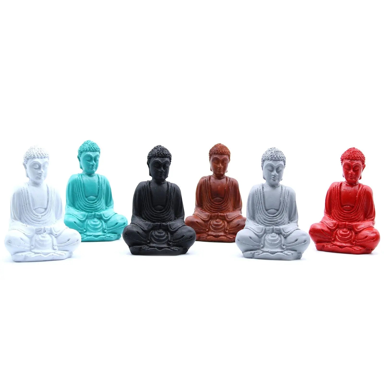 A collection of Matt Mini Buddha (Assorted Colours) statues in white, turquoise, black, brown, light gray, and red, each with a serene seated pose and detailed features.