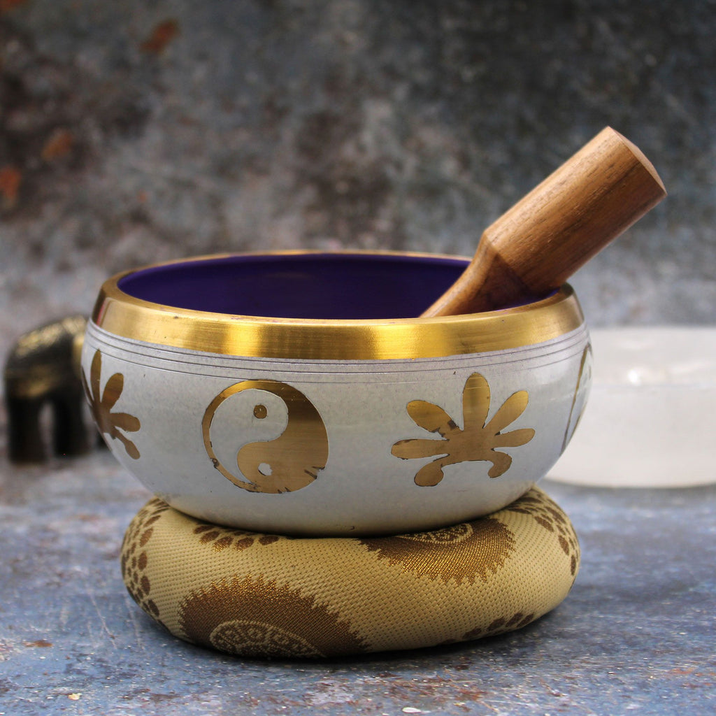 Large Yin & Yang Tibetan Singing Bowl Set - White and Purple 14cm