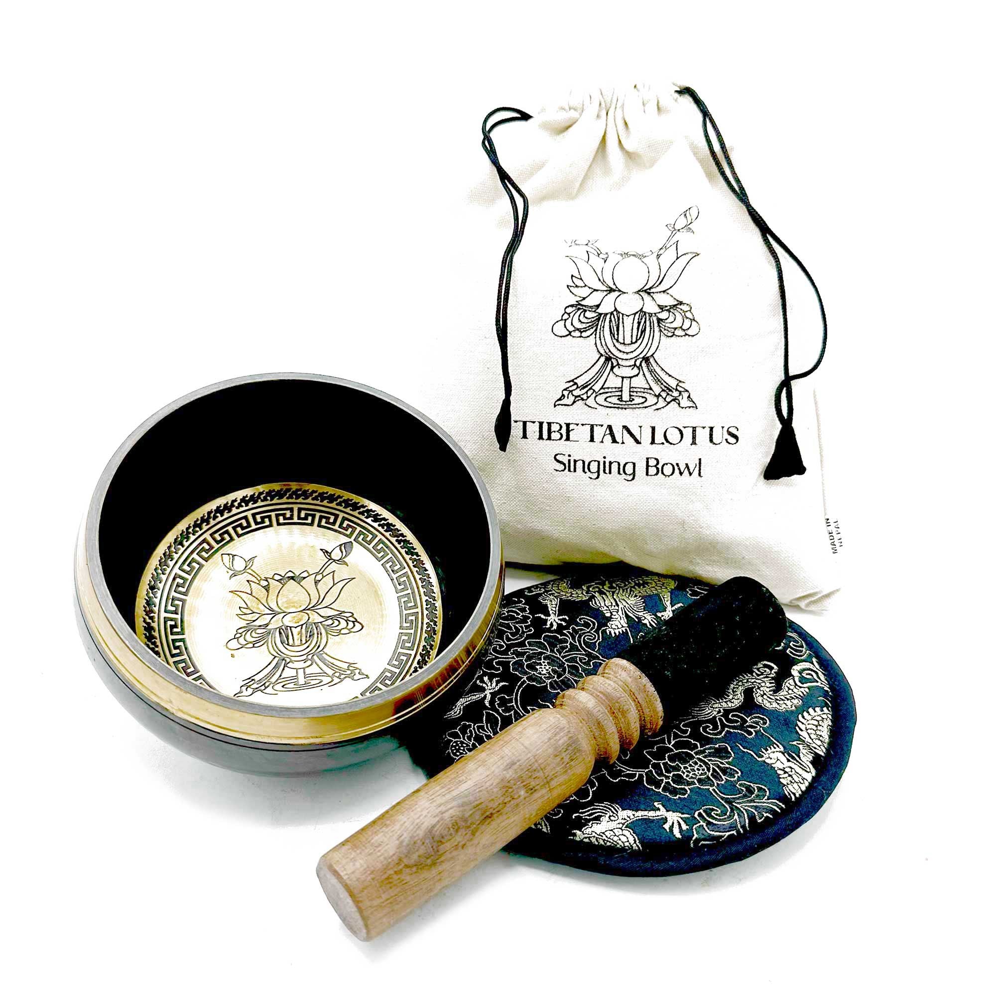 Lotus Flower Hand Beaten Engraved Singing Bowl Gift Set - 14cm