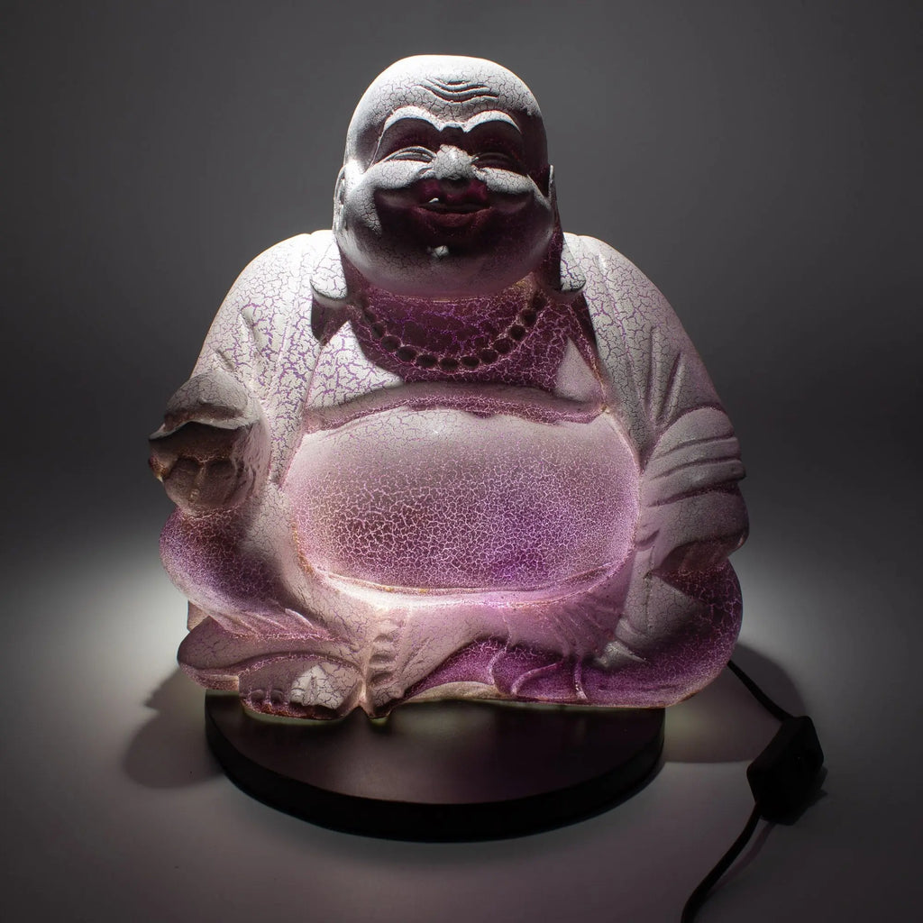Illuminated Laughing Buddha Lamp Lavender Crackle - Round Stand with intricate crackled lavender finish, glowing softly to enhance Buddha decor and create a serene ambiance.
