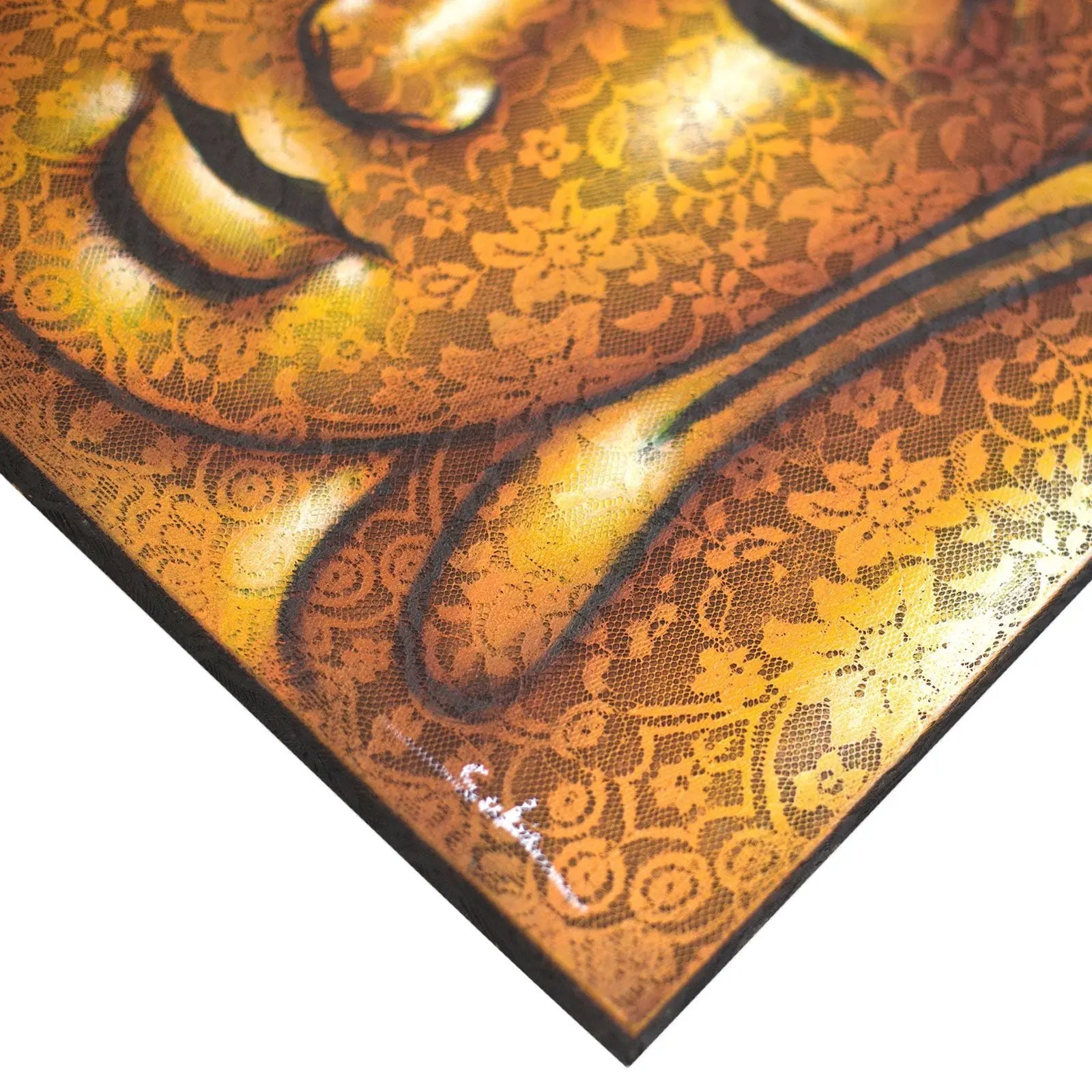 Close-up of Buddha Painting - Gold Brocade Detail featuring intricate golden floral patterns and serene facial features with warm, reflective highlights on canvas.