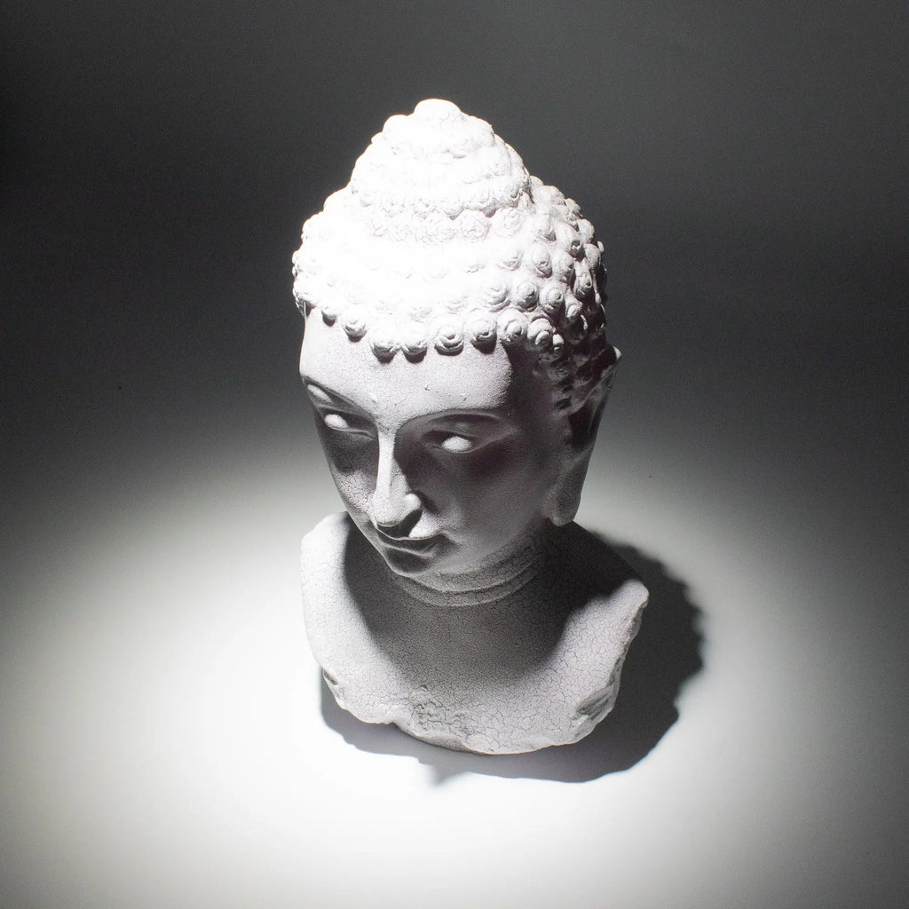 Buddha Bust Lamp Lavender Crackle - Oval Stand featuring a detailed resin Buddha head with a lavender crackle finish, ideal for calming Buddha decor and ambient lighting.