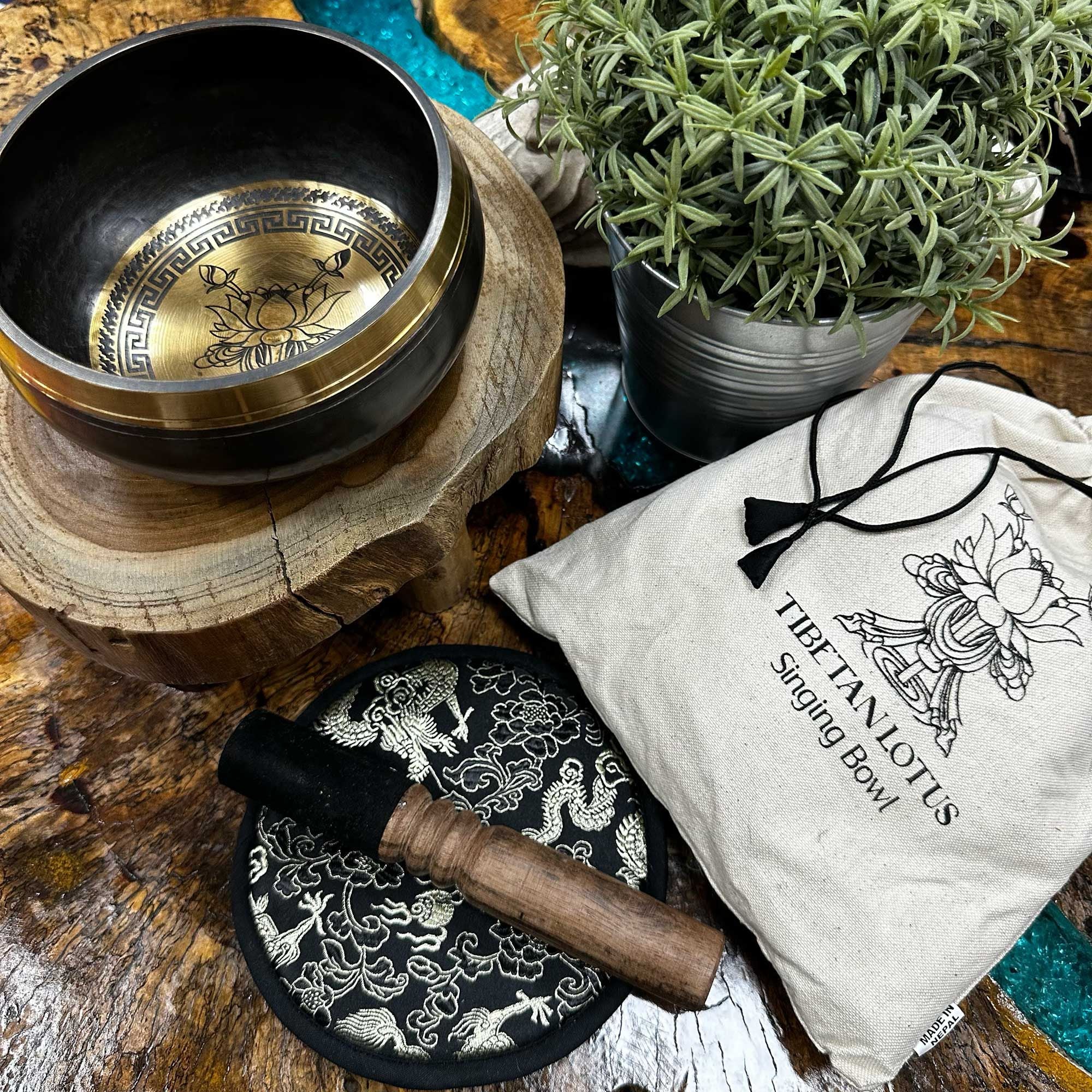 Lotus Flower Hand Beaten Engraved Singing Bowl Gift Set - 14cm