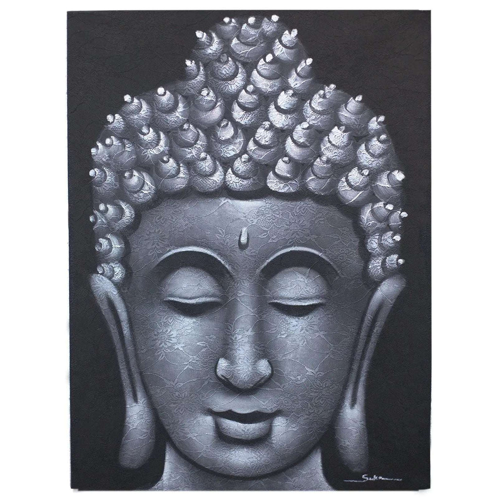 Buddha Painting - Grey Brocade Detail features a serene Buddha face in shades of grey with intricate brocade patterns enhancing the textured hair and facial features.