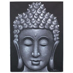Buddha Painting - Grey Brocade Detail features a serene Buddha face in shades of grey with intricate brocade patterns enhancing the textured hair and facial features.