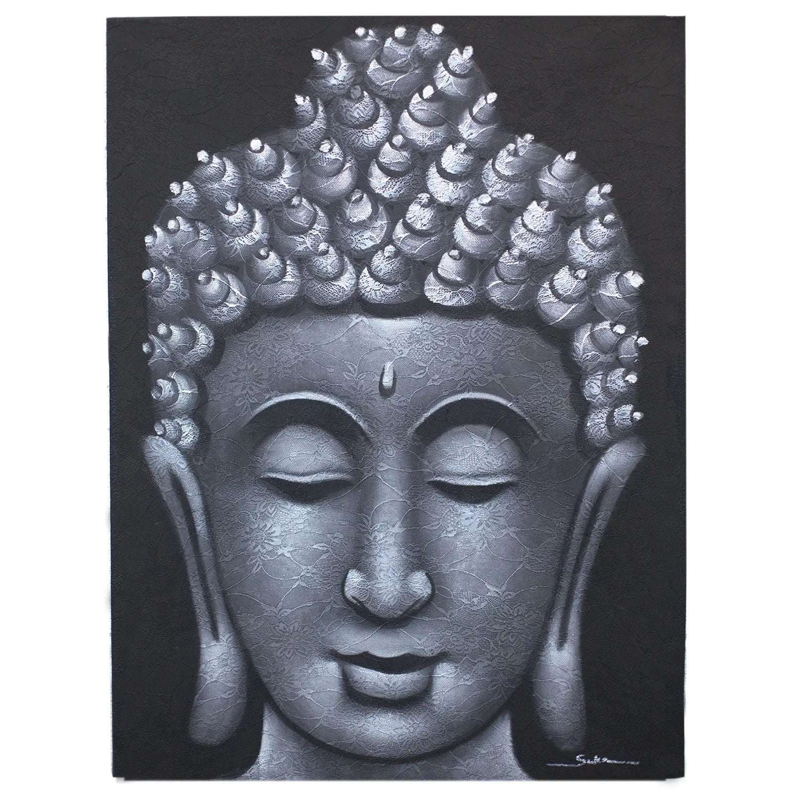 Buddha Painting - Grey Brocade Detail features a serene Buddha face in shades of grey with intricate brocade patterns enhancing the textured hair and facial features.