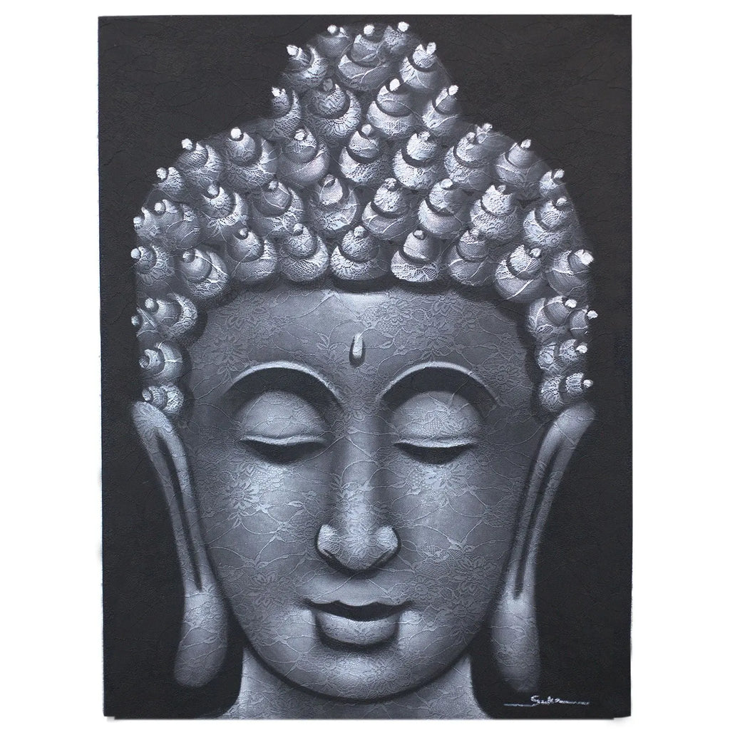Buddha Painting - Grey Brocade Detail featuring a serene Buddha face with closed eyes and intricate grey brocade textured patterns on a dark background.